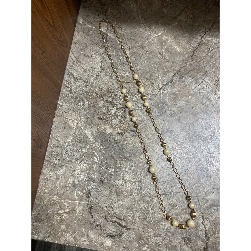 Vintage Gold Tone Faux Pearl Beaded‎ Long Necklace